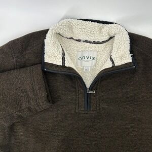 Orvis Pullover Mens XL Brown Quarter Zip Sherpa Collar Textured Fleece Sweater